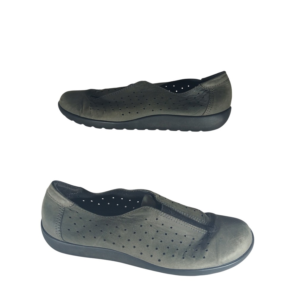 Clarks Collection Slip On Shoes 8.5W Olive Green Leather Perforated Comfort Flat